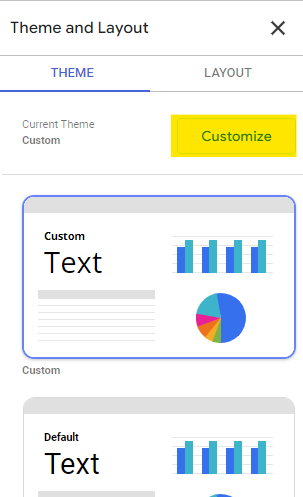 Google Looker Studio's Theme and layout menu with "Customize" highlighted